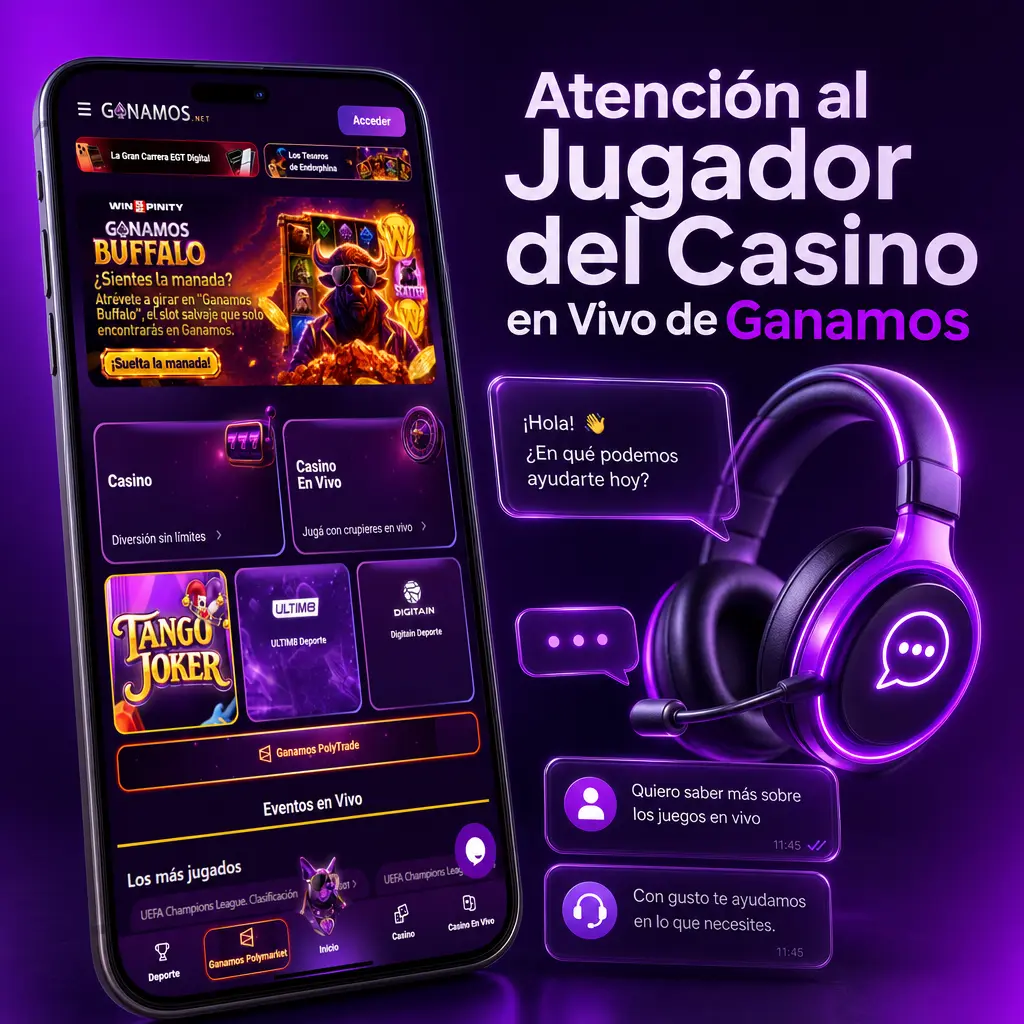 Soporte al jugador de Ganamos disponible 24/7 para consultas sobre casino en vivo, mesas, límites y pagos.