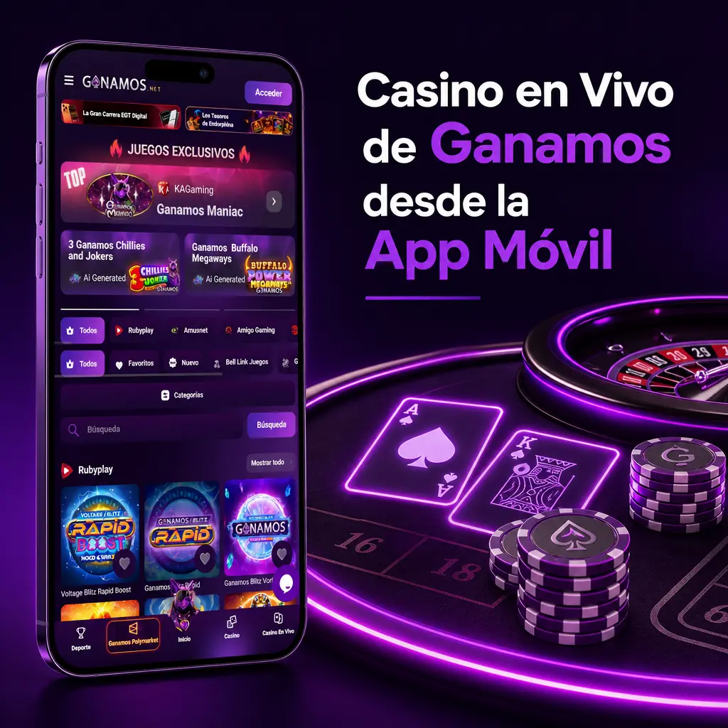 Casino en vivo de Ganamos disponible en la app móvil para Android, con ruleta, bacará, blackjack y game shows.