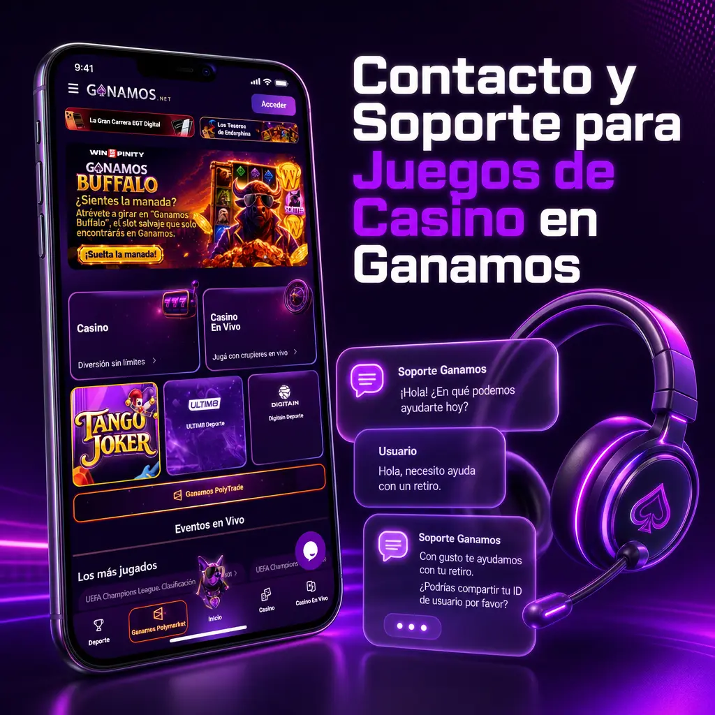 Soporte de Ganamos: contacto por chat en vivo, WhatsApp, correo y redes para tragamonedas, depósitos y retiros 24/7.