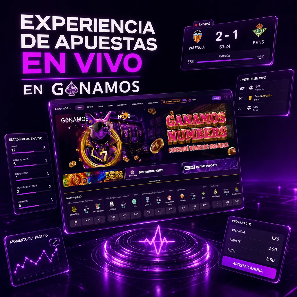 Panel de apuestas en vivo de Ganamos con cuotas de fútbol, tenis, básquetbol, vóleibol y esports en tiempo real.