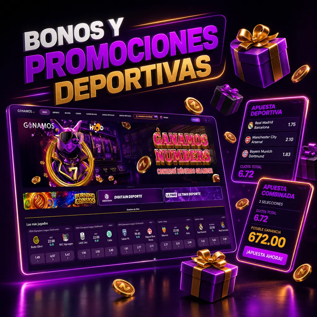 Bonos deportivos de Ganamos: bienvenida, cashback semanal, recarga, freebet combinada y programa VIP con beneficios exclusivos.