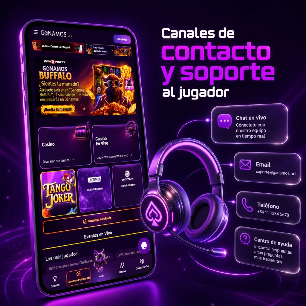 Canales de contacto y soporte al jugador de Ganamos: chat en vivo, email, WhatsApp, redes sociales y centro de ayuda
