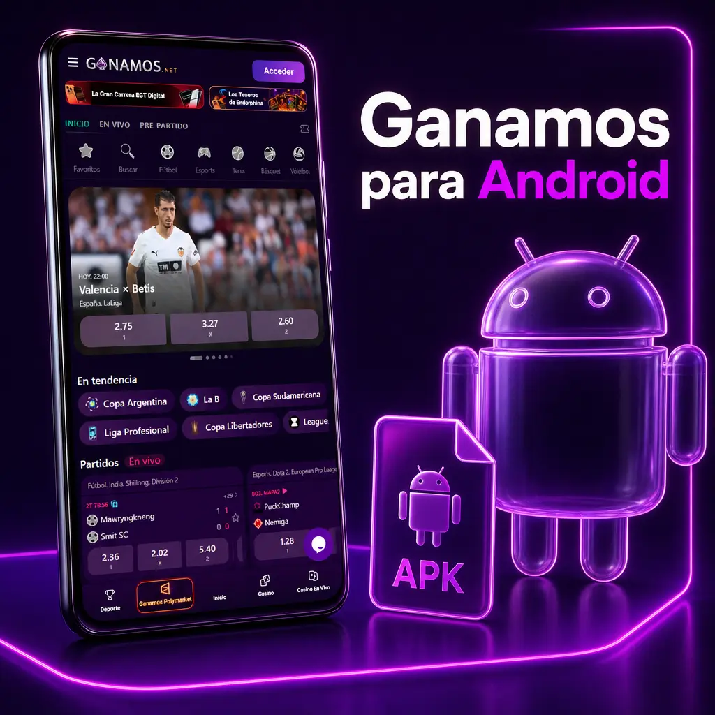 App de Ganamos para Android en formato APK, con notificaciones de cuotas y resultados en vivo en tu celular.