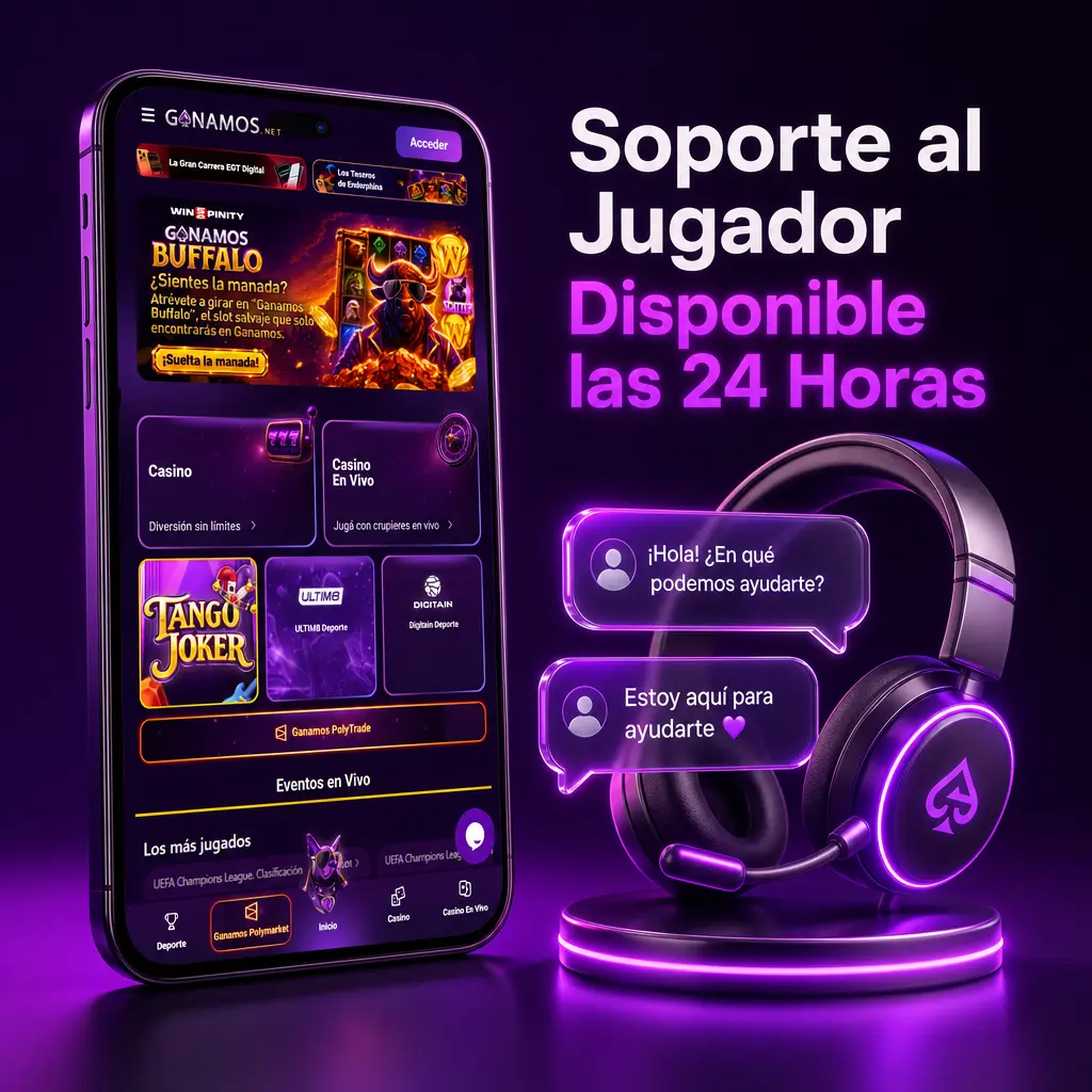 Soporte al jugador de Ganamos disponible las 24 horas por chat, email y WhatsApp para consultas en Argentina