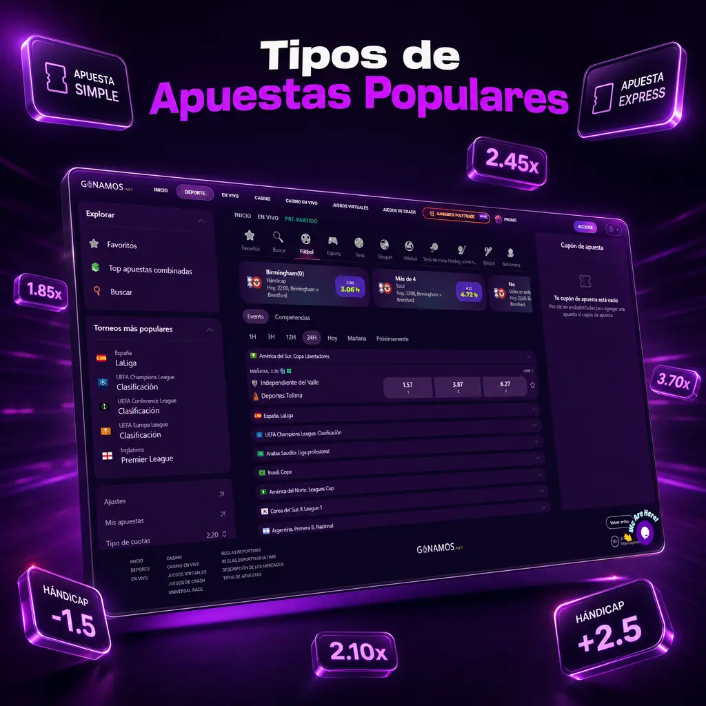 Tipos de apuestas en Ganamos: simple, combinada, sistema, hándicap asiático y cash out para distintos niveles de riesgo
