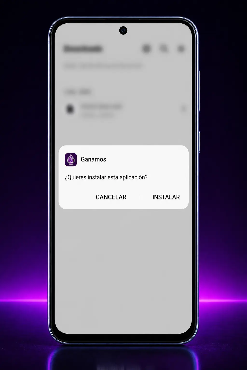Pasos para descargar e instalar el APK de Ganamos en Android, con captura de pantalla del proceso de instalación en el dispositivo móvil.