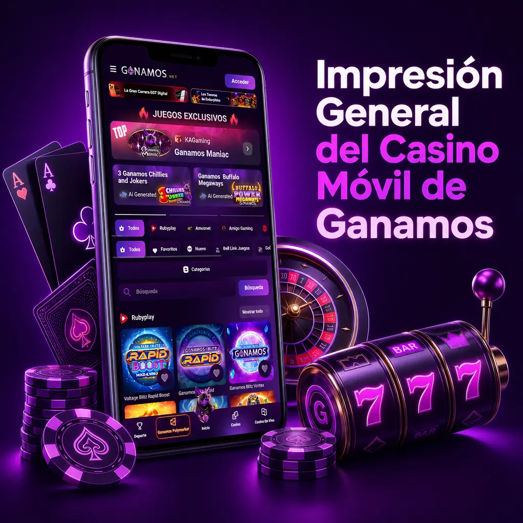 Vista del casino móvil de Ganamos con tragamonedas, ruleta, blackjack y casino en vivo disponibles