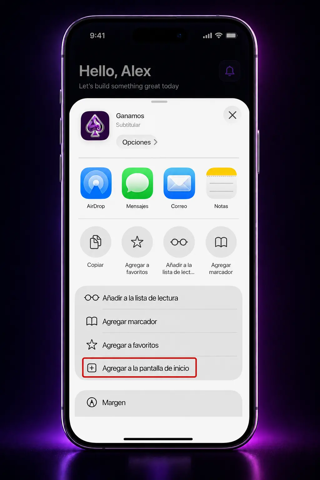 Pasos para instalar el acceso directo de Ganamos en iPhone o iPad desde Safari, agregándolo a la pantalla de inicio.