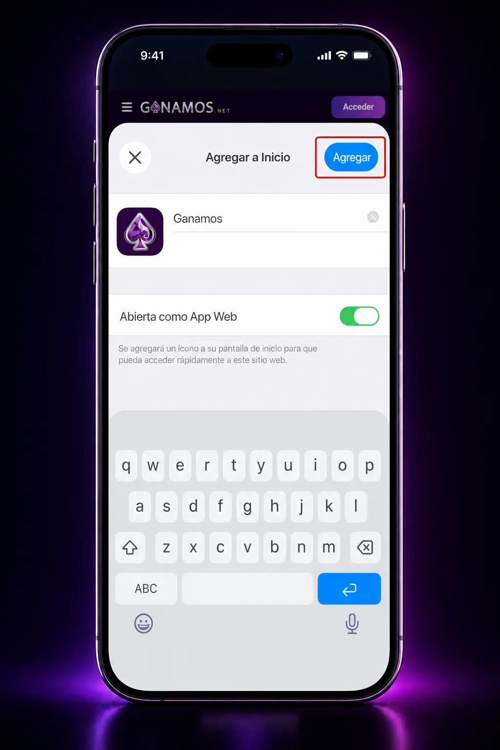 Pasos para instalar el acceso directo de Ganamos en iPhone o iPad desde Safari, agregándolo a la pantalla de inicio.