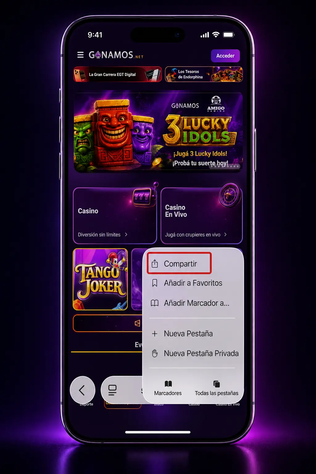 Pasos para instalar el acceso directo de Ganamos en iPhone o iPad desde Safari, agregándolo a la pantalla de inicio.