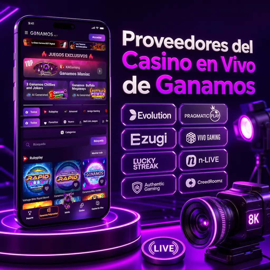 Proveedores de casino en vivo de Ganamos: Evolution, Pragmatic Play, Ezugi, Vivo Gaming y LuckyStreak con mesas en HD