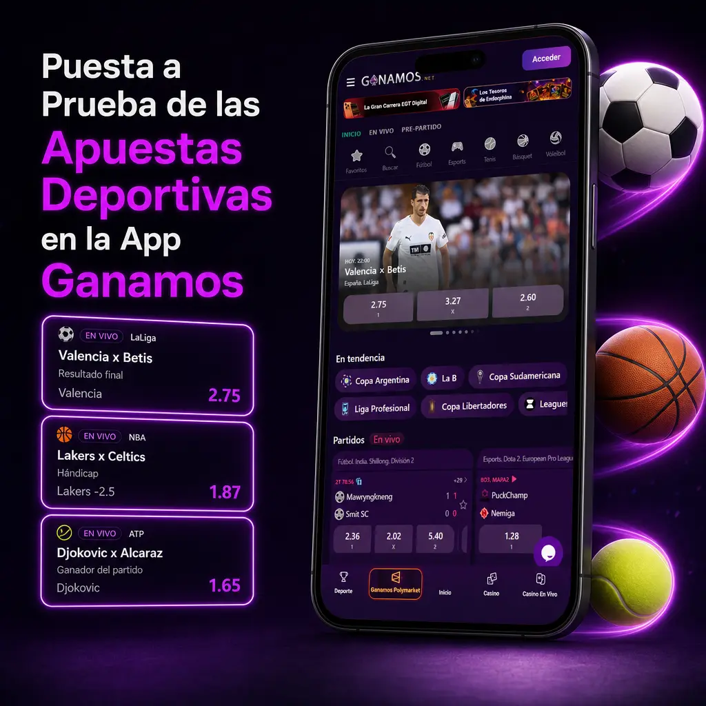 Prueba de apuestas deportivas en vivo y pre partido en la app Ganamos, con fútbol, tenis, básquet y más disciplinas.