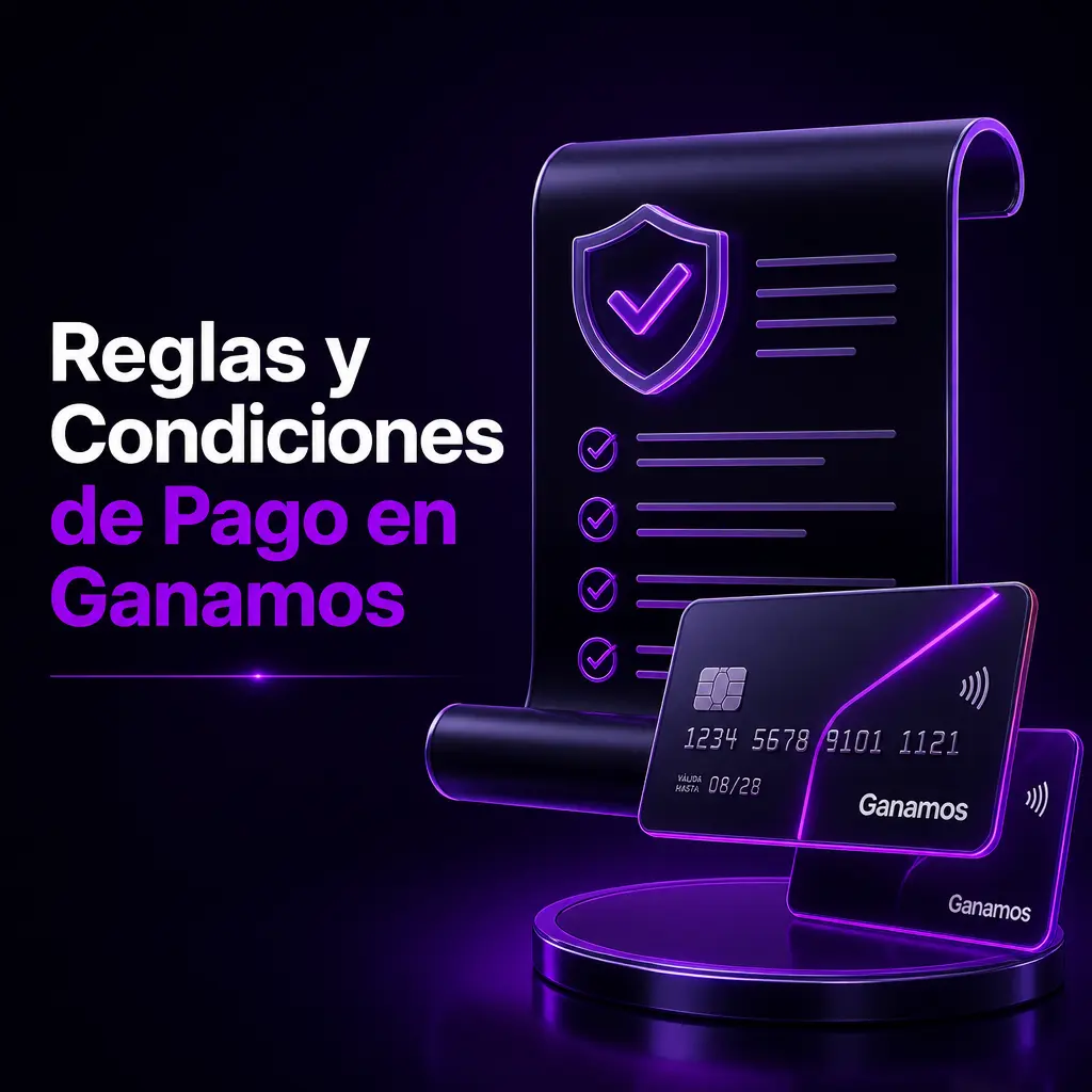 Reglas y condiciones de pago en Ganamos: verificación de identidad, titularidad de cuenta, monto mínimo y moneda en ARS o USDT.