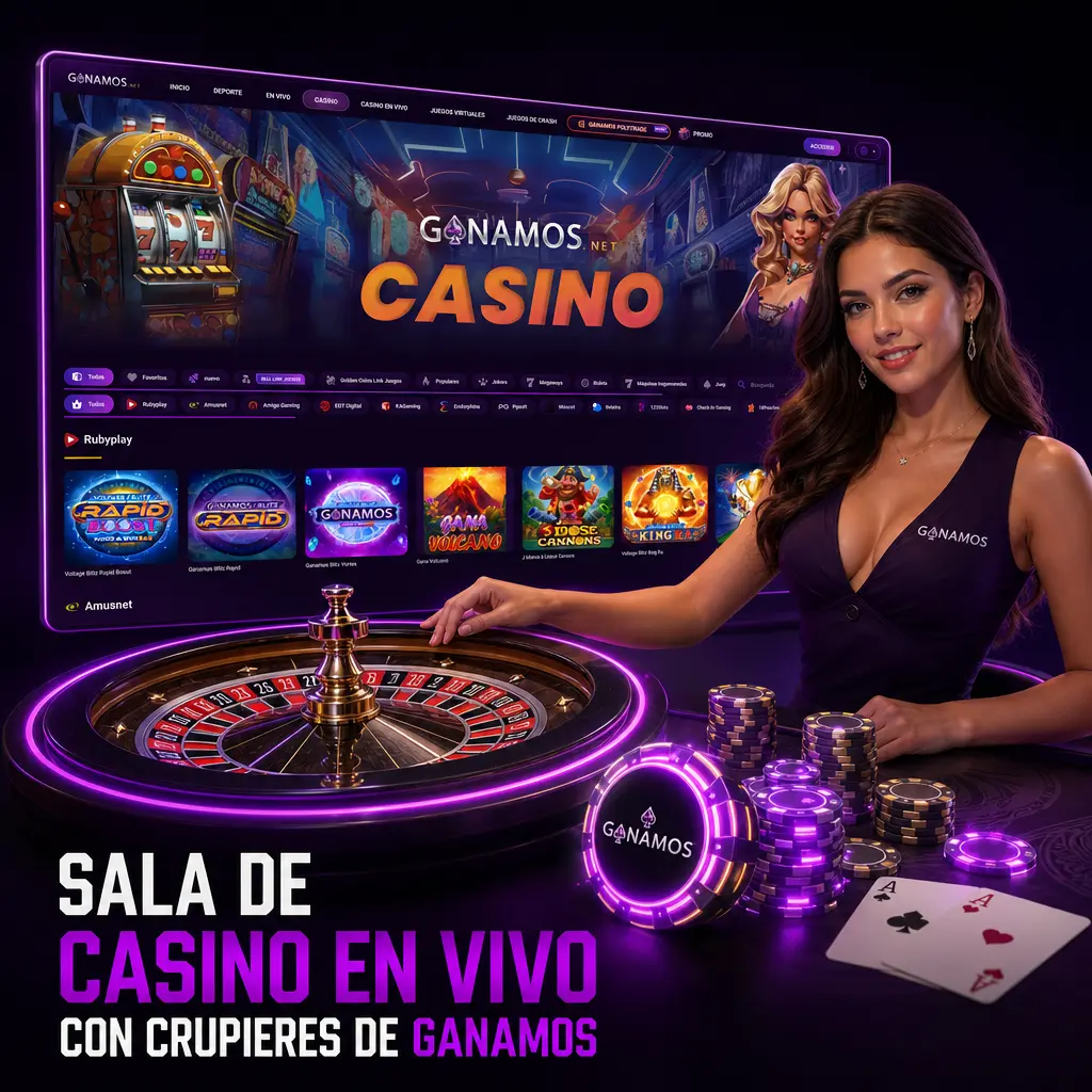Sala de casino en vivo de Ganamos con crupieres reales en ruleta, blackjack, bacará, póker y game shows