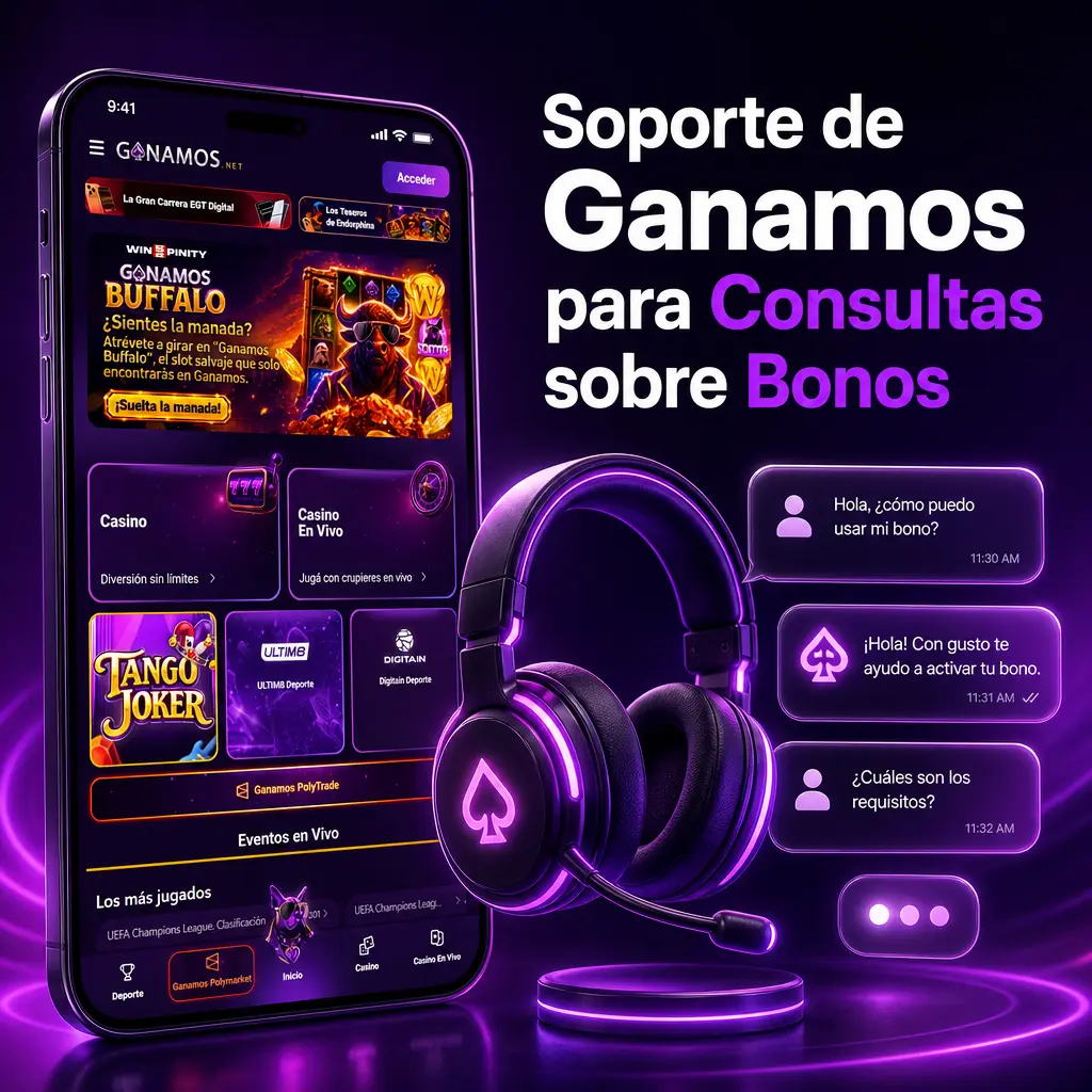 Soporte de Ganamos disponible 24/7 para consultas sobre bonos y promociones vía chat, correo, WhatsApp y teléfono.