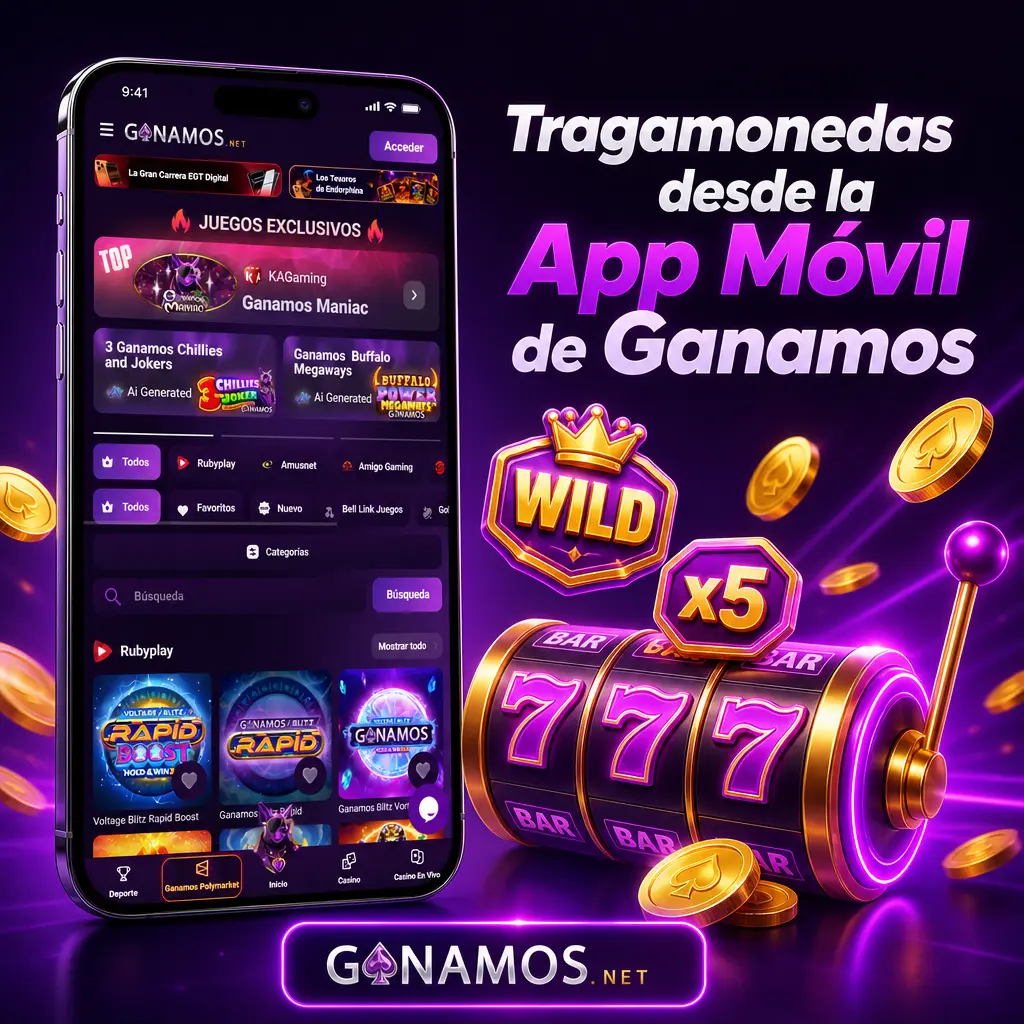 Tragamonedas en la app móvil PWA de Ganamos, con lobby, depósitos y cuenta accesibles desde la pantalla de inicio.