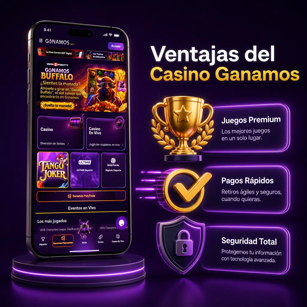 Ventajas de Ganamos Casino: licencia argentina, retiros rápidos por Mercado Pago, acceso móvil sin descarga y soporte 24/7.